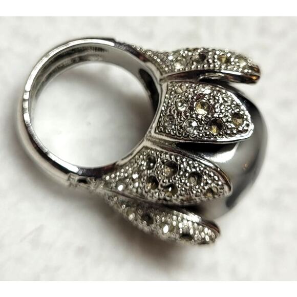 Statement Ring Flower Framed Agate Black Gray White Cabochon Sz 7 1/4 Boho Fairy - Picture 5 of 7